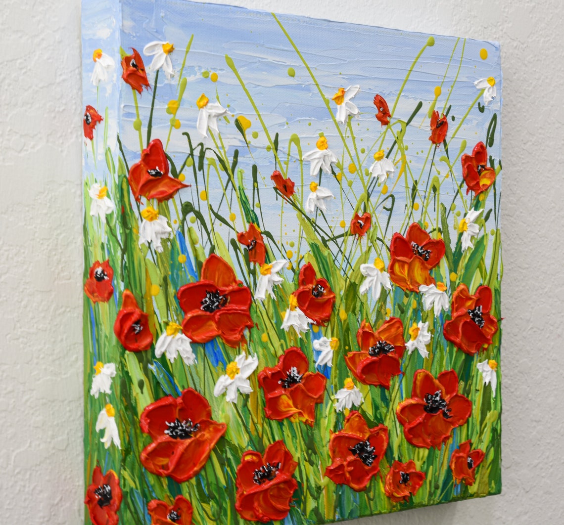 Red Poppies White Daisies Summer Meadow Textured Impasto Art Poster - Image 3