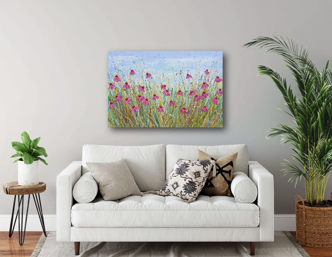 Pink Echinacea Panoramic Wildflower Field Blue Sky Splatter Poster - Image 3