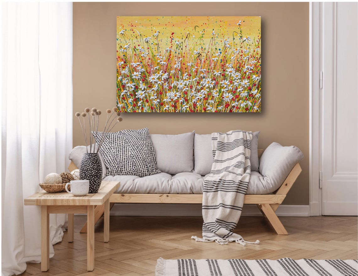 Daisy Field At Sunset Golden Sky Red Wildflower Meadow Art Print - Image 3