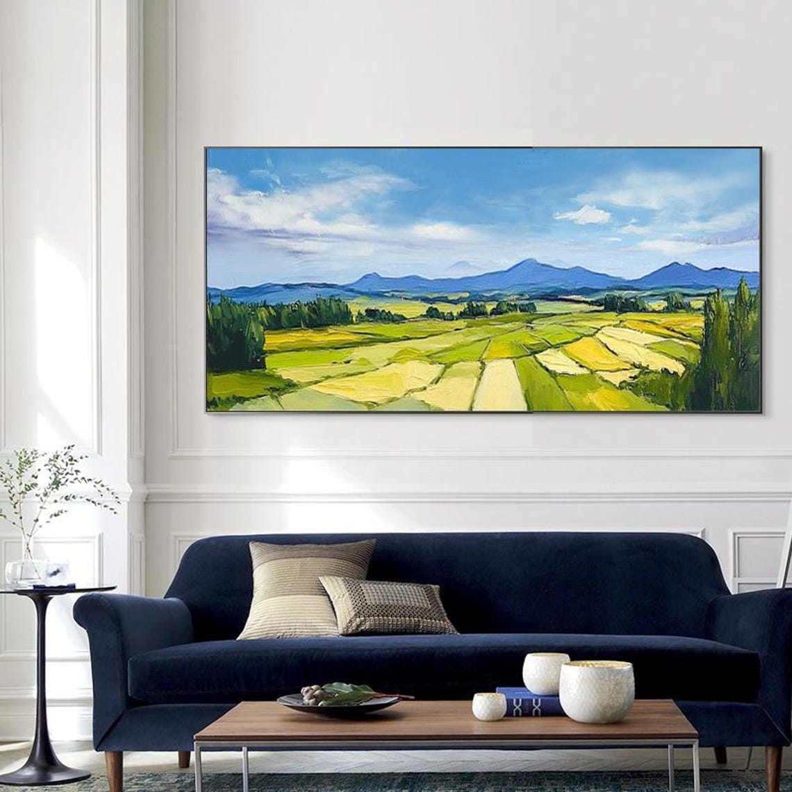 Abstract Oil Painting Blue Sky With White Clouds Distant Mountains Harvest Fields Textured Pastoral Landscape Art For Living Room - Image 4