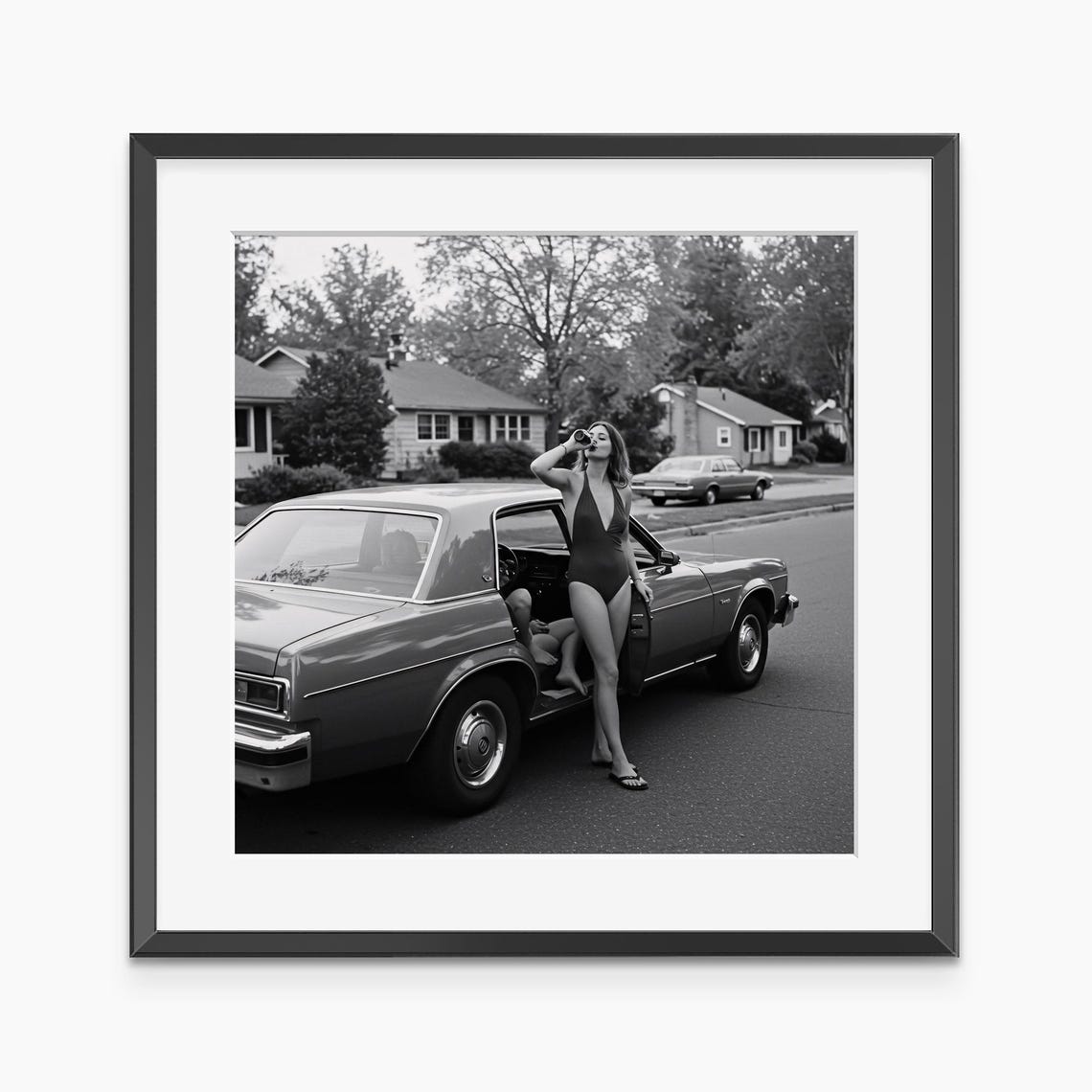 Vintage Swimsuit Woman Classic Car Black White Retro Photo Poster