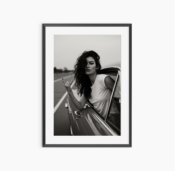 Rebel Woman In Vintage Car Rock Horns Black White Photography Print