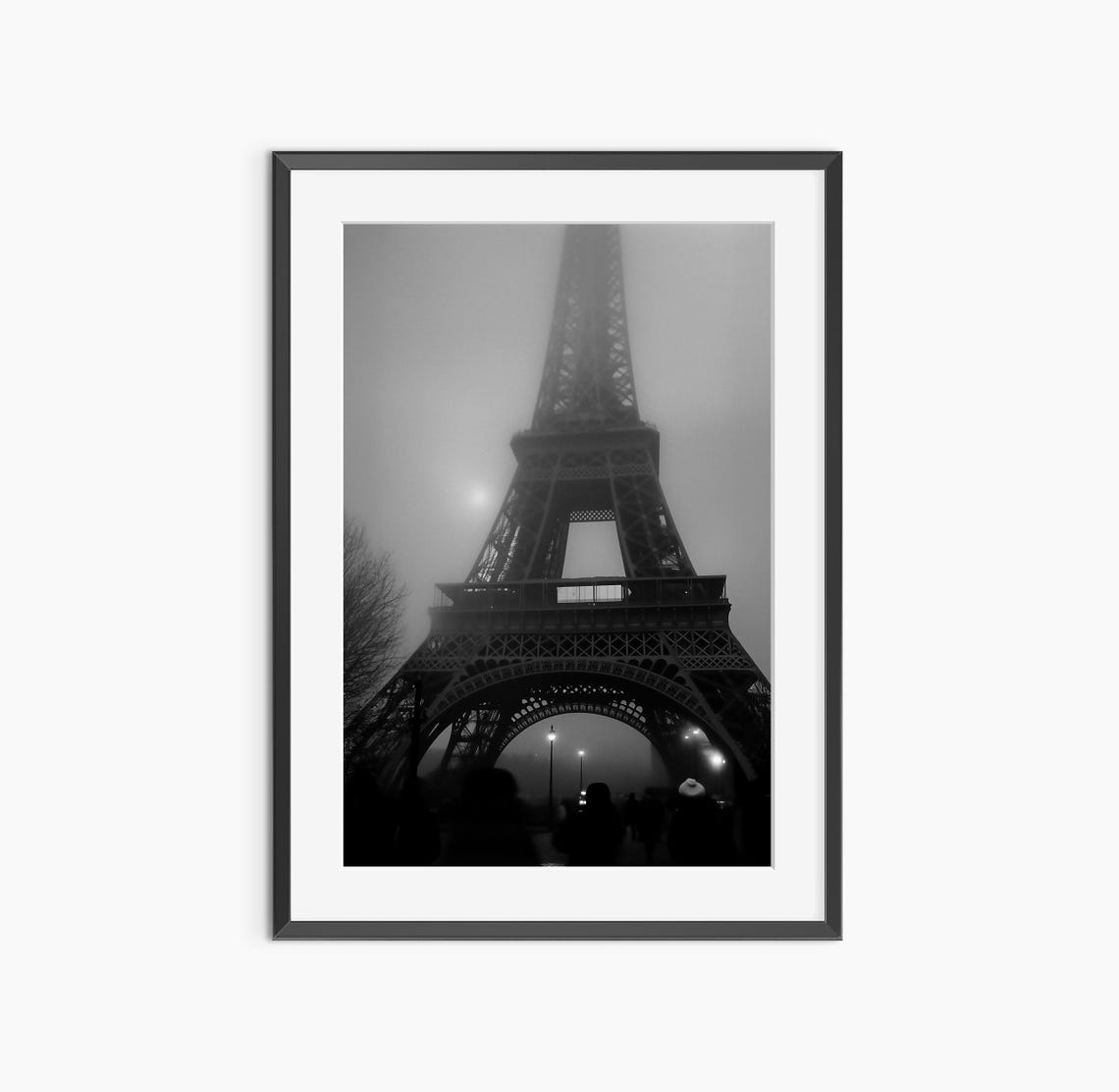 Eiffel Tower Paris Fog Misty Night Black And White Photo Poster