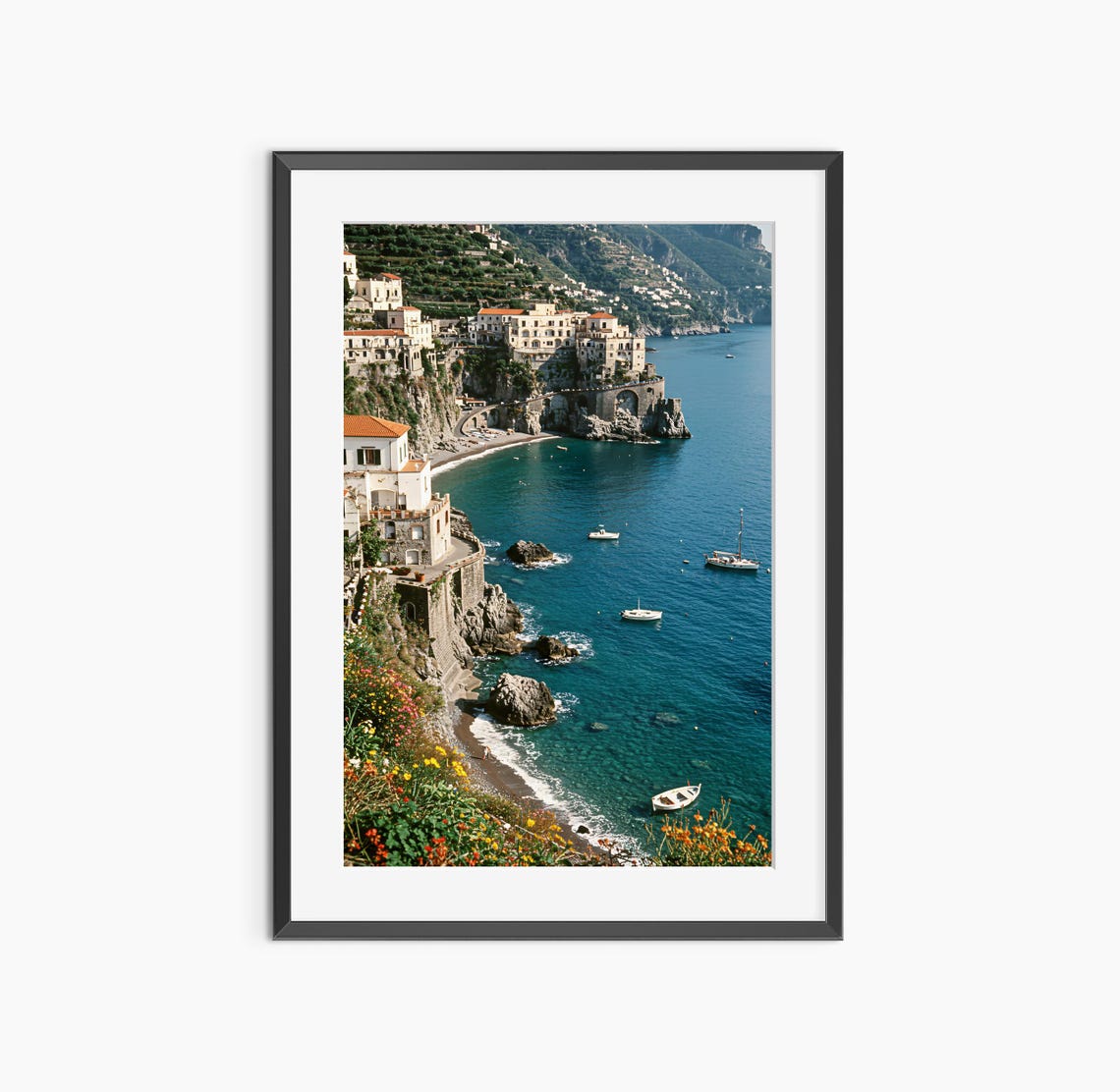 Mediterranean Coastal Cliff Village Turquoise Sea Boats Travel Poster