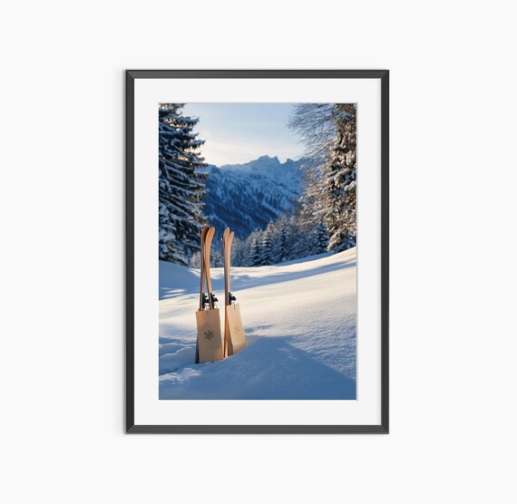 Sunlit Wooden Skis in Snow Mountain Winter Landscape Photo Poster