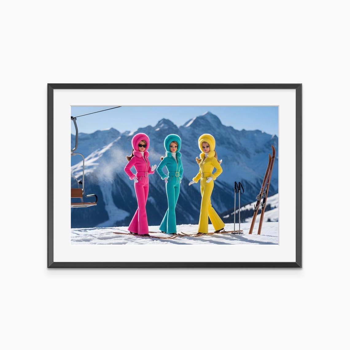 Retro Ski Girls in Colorful Snowsuits Mountain Winter Fun Poster