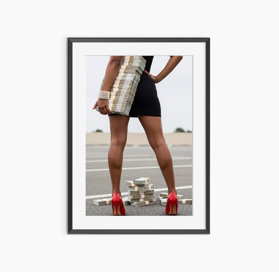 Woman in Black Dress Holding Stack of Cash Red Heels Fashion Poster