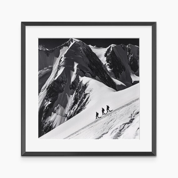 Mountaineers Crossing Snowy Alpine Peak Dramatic Black White Photo Poster