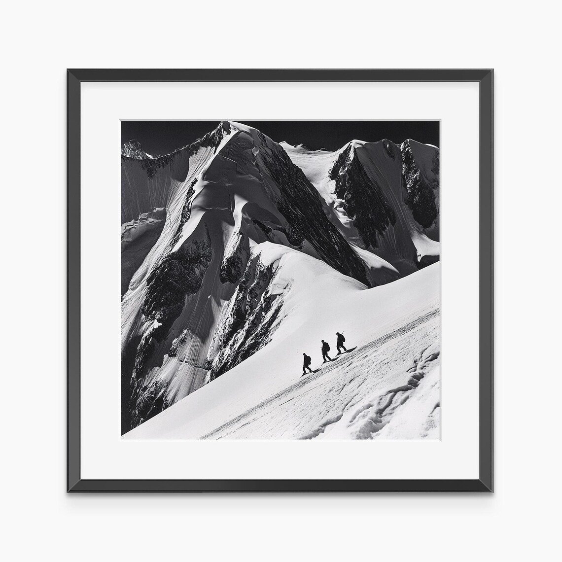 Mountaineers Crossing Snowy Alpine Peak Dramatic Black White Photo Poster