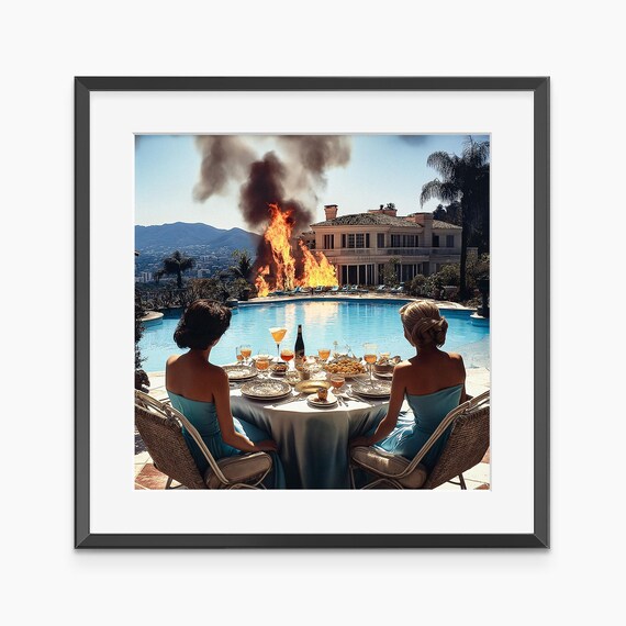 Poolside Dinner Burning Mansion Surreal Fine Art Photo Poster