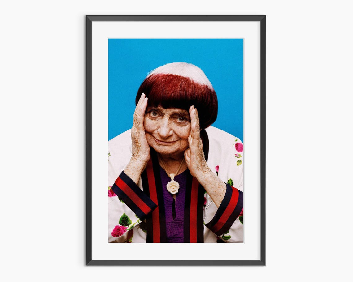 Agnès Varda Portrait Feminist Cinema Icon Bold Blue Backdrop Poster