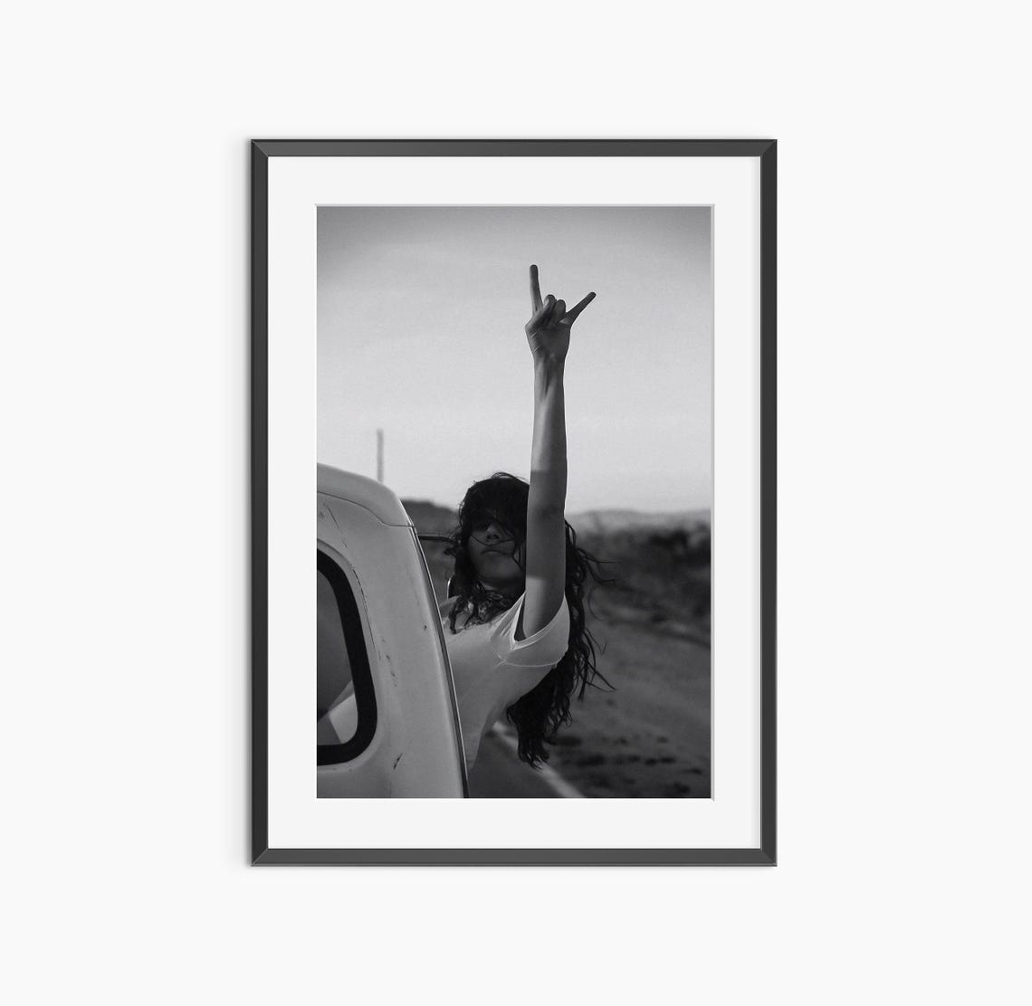 Rock and Roll Gesture Car Window Black and White Photo Poster