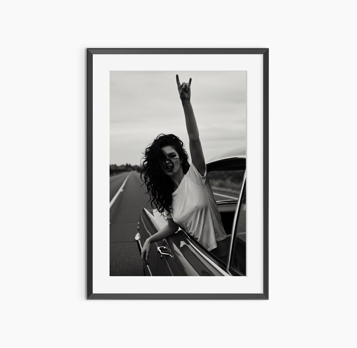 Sign Of The Horns Black And White Woman Car Rock Music Print