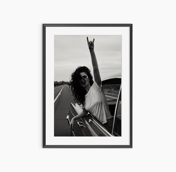 Sign Of The Horns Black And White Woman Car Rock Music Print