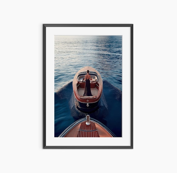 Elegant Classic Wooden Boat On Blue Sea Aerial Photo Wall Art