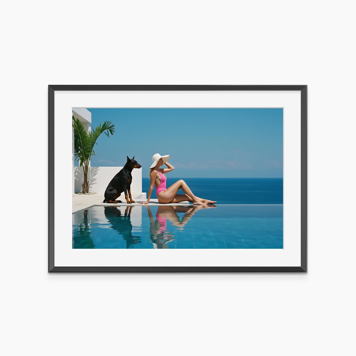 Woman With Doberman Infinity Pool Relaxed Luxury Photo Print