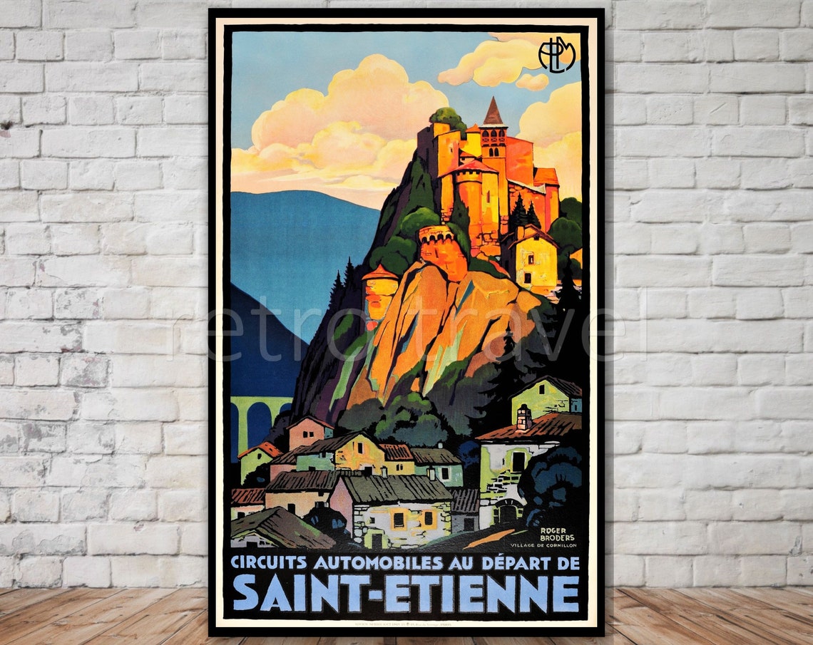 Saint Etienne Circuits Automobiles Hilltop Village Retro Travel Poster