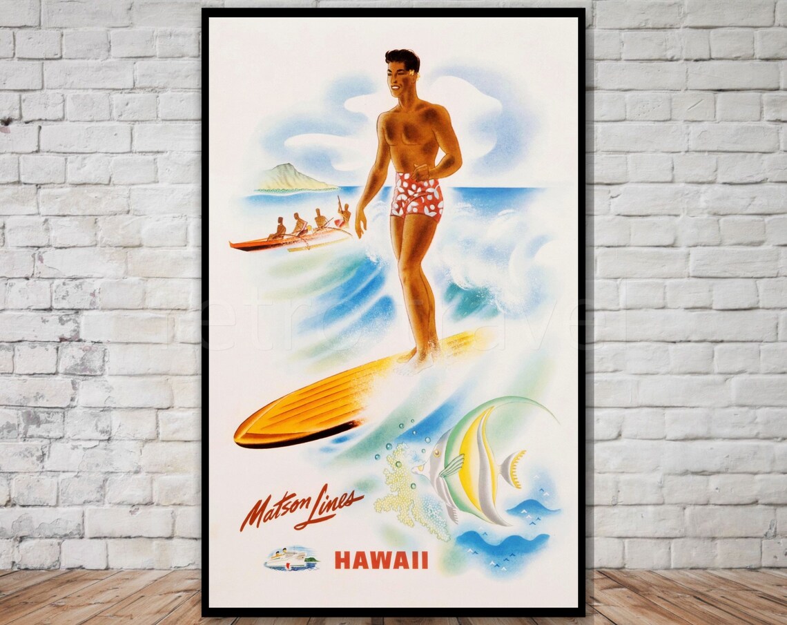 Hawaii Travel Poster, Vintage Surfing Art Print