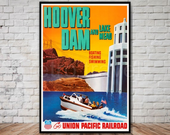 Hoover Dam Lake Mead Travel Poster Instant 1950s Poster Boating Fishing Swimming Union Pacific Railroad