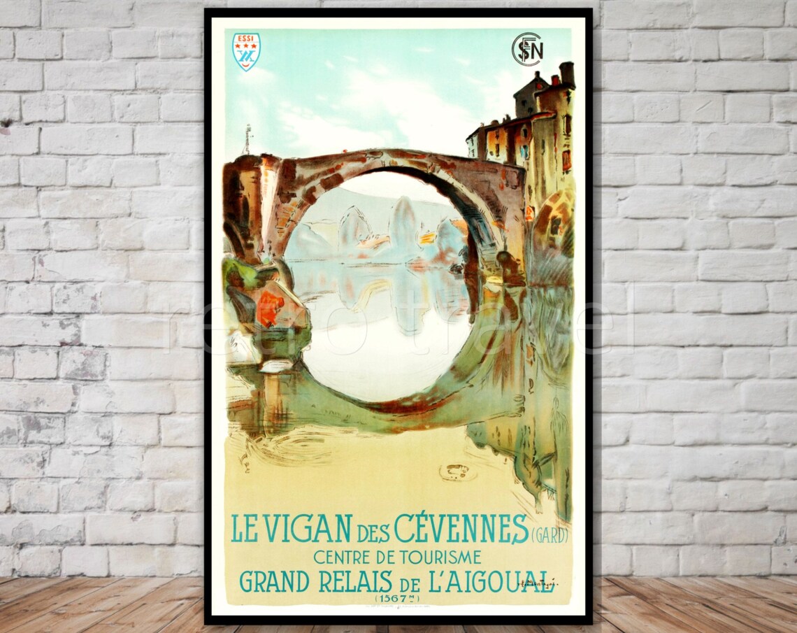 Le Vigan Cevennes Vintage French Rail Poster Stone Bridge Aigoual Art