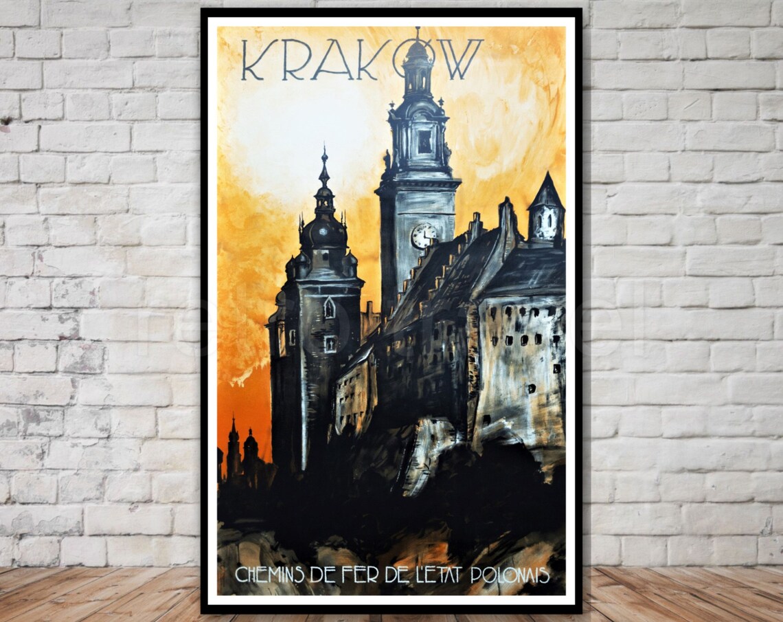 Krakow Poland Vintage Railway Poster Church Towers Sunset Art Decor