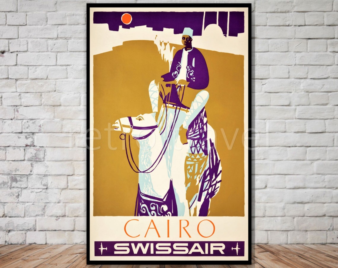 Cairo Swissair Vintage Airline Poster Camel Rider Egypt Desert Art