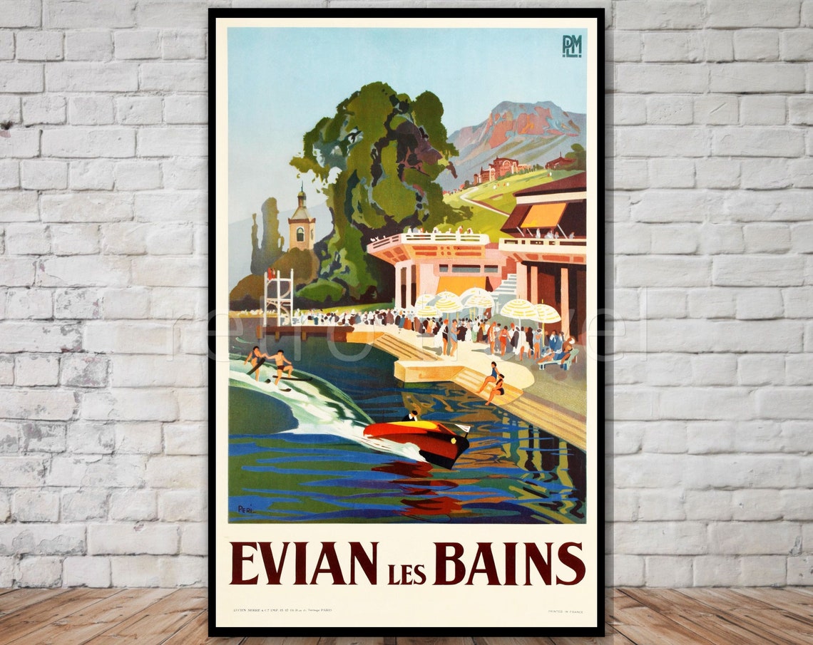 Evian Les Bains France Travel Poster Instant French Spa Town Water Ski Poster Retro Travel Print Vintage Travel Poster