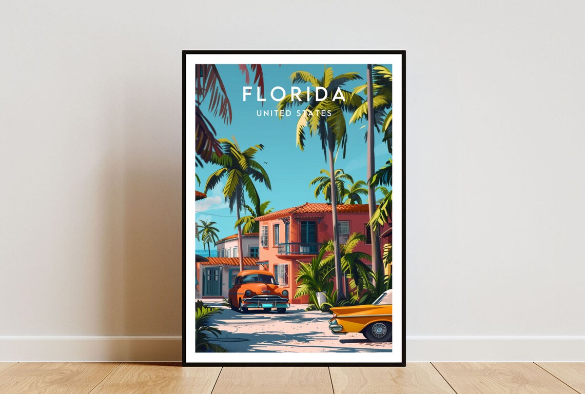 Florida Retro Street Vintage Classic Cars Palm Trees Travel Poster