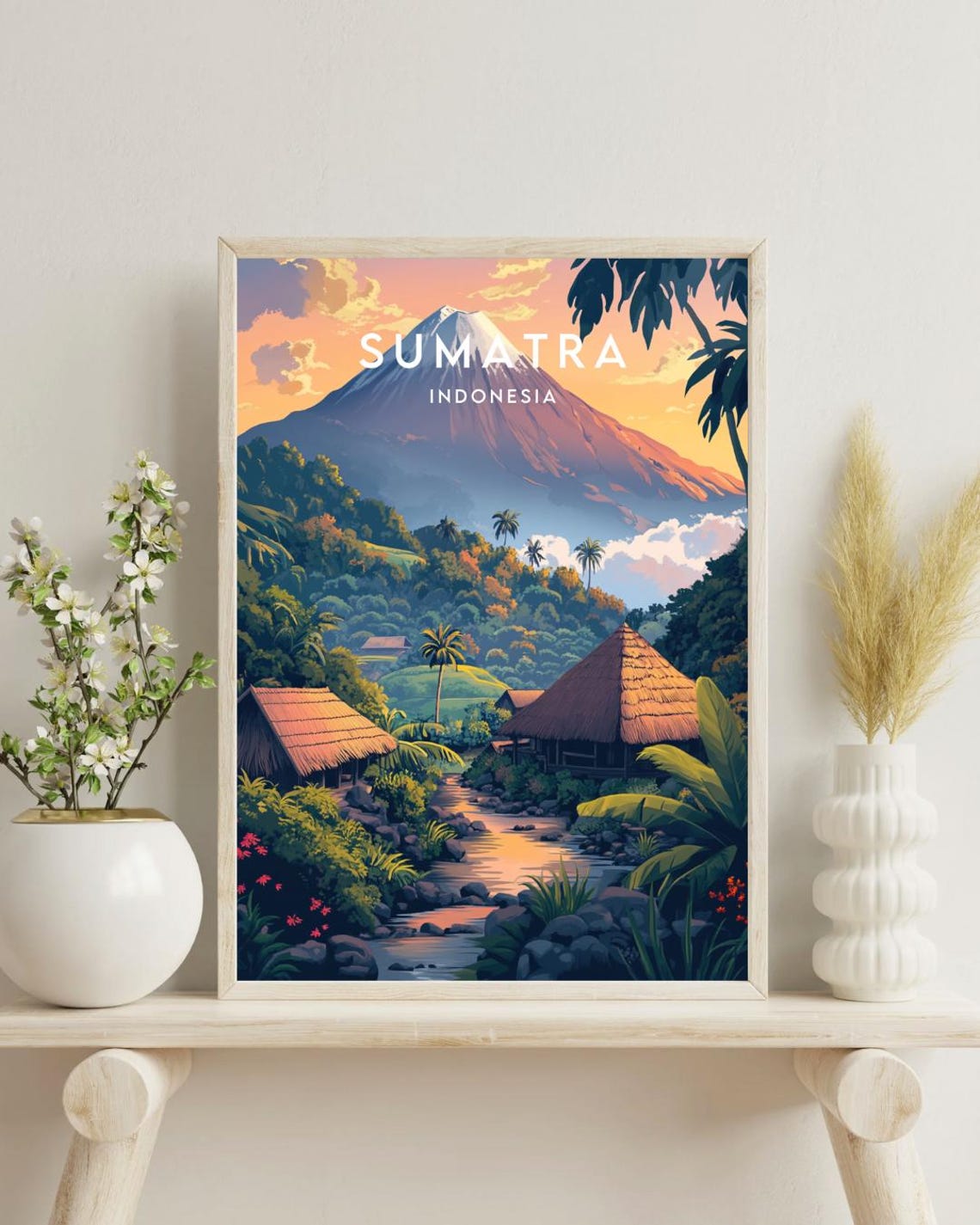 Sumatra Indonesia Volcano Sunset Jungle Village Travel Poster - Image 4