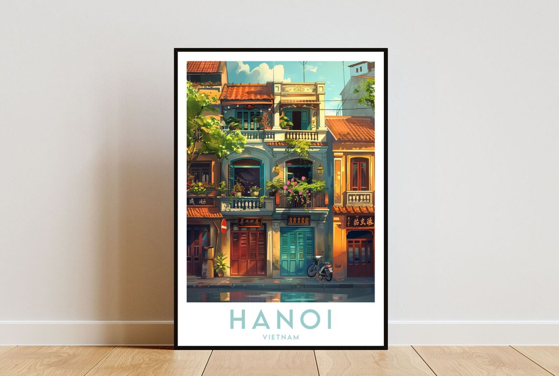 Hanoi Vietnam Old Quarter Shophouse Street Motorbike Travel Poster
