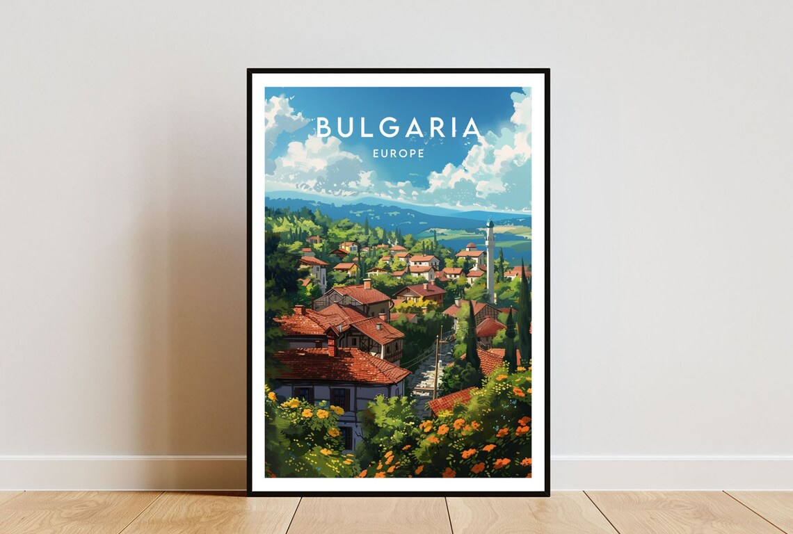 Bulgaria Europe Red Roof Village Green Hills Scenic Travel Poster
