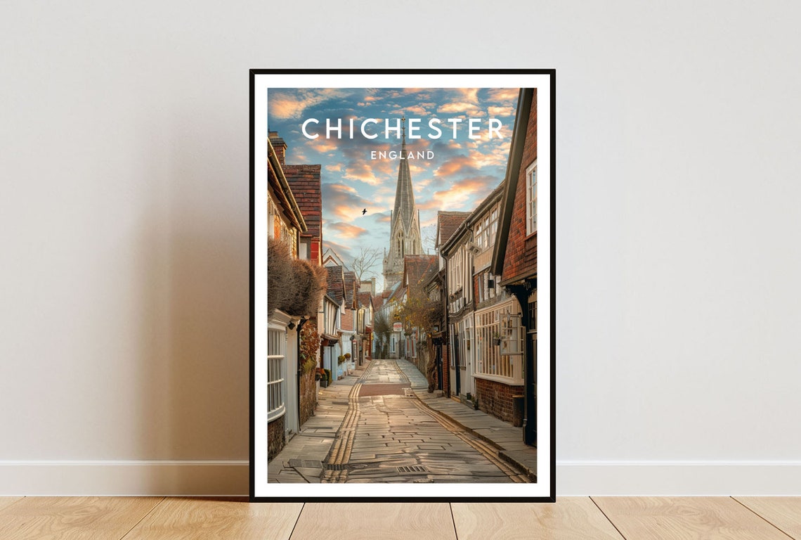Chichester England Cobbled Street Sunset Cathedral Spire Poster