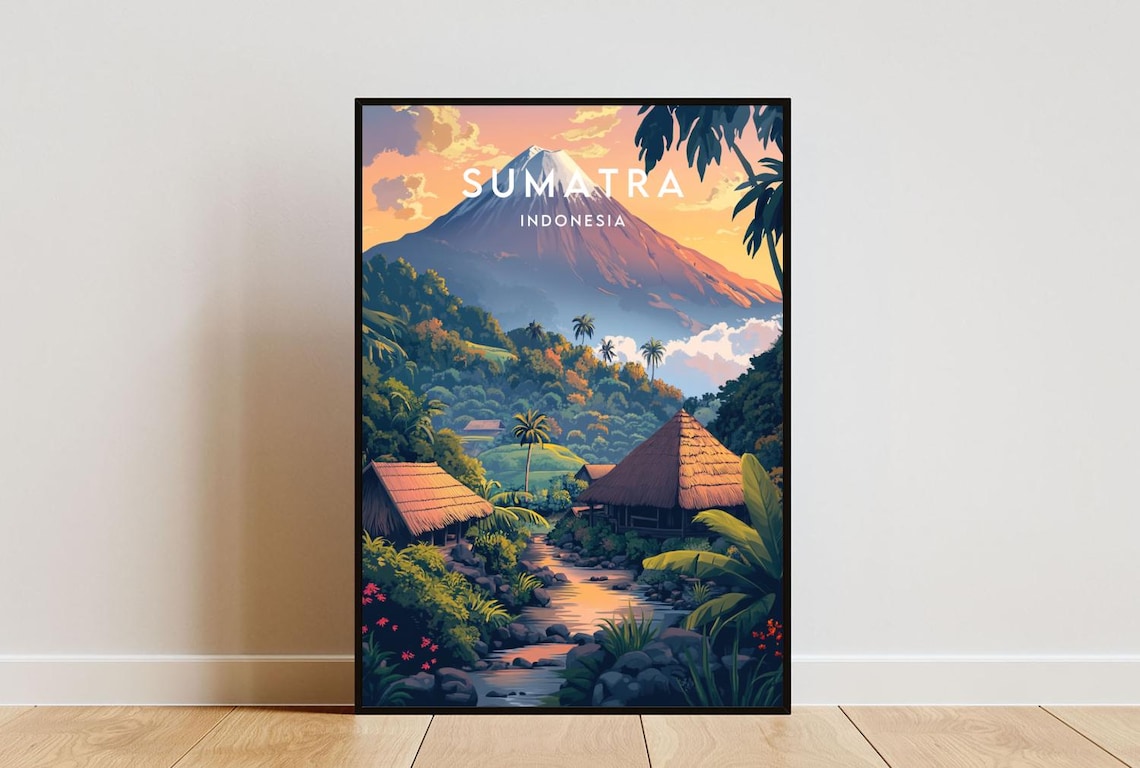 Sumatra Indonesia Volcano Sunset Jungle Village Travel Poster