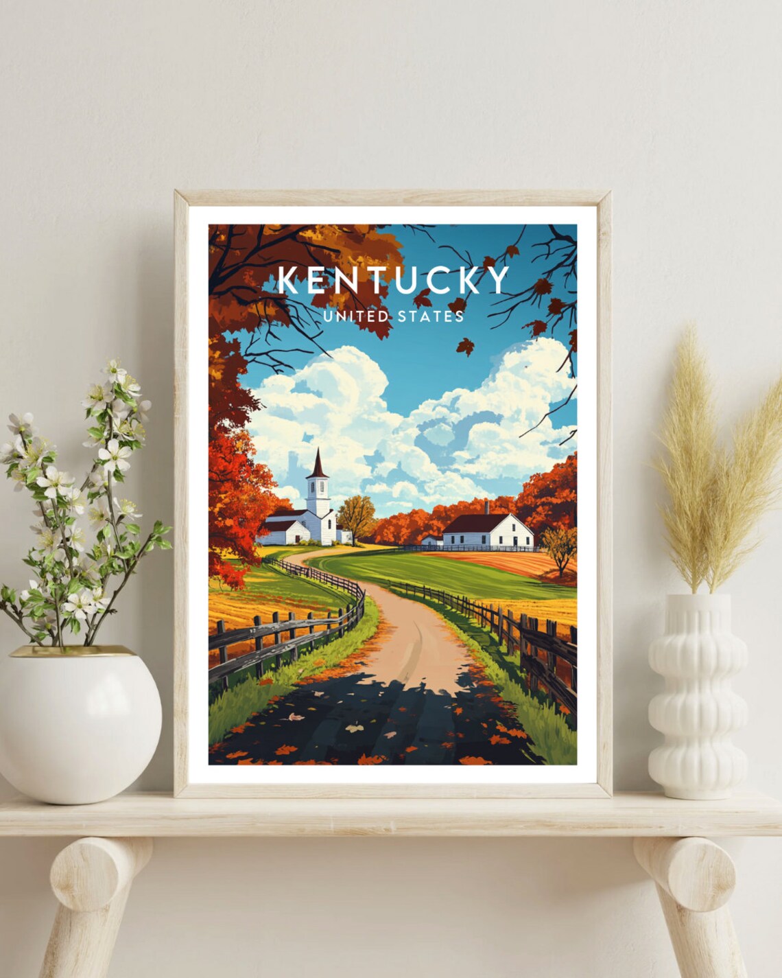 Kentucky Autumn Country Road Church Farm Fall Foliage Travel Poster - Image 4