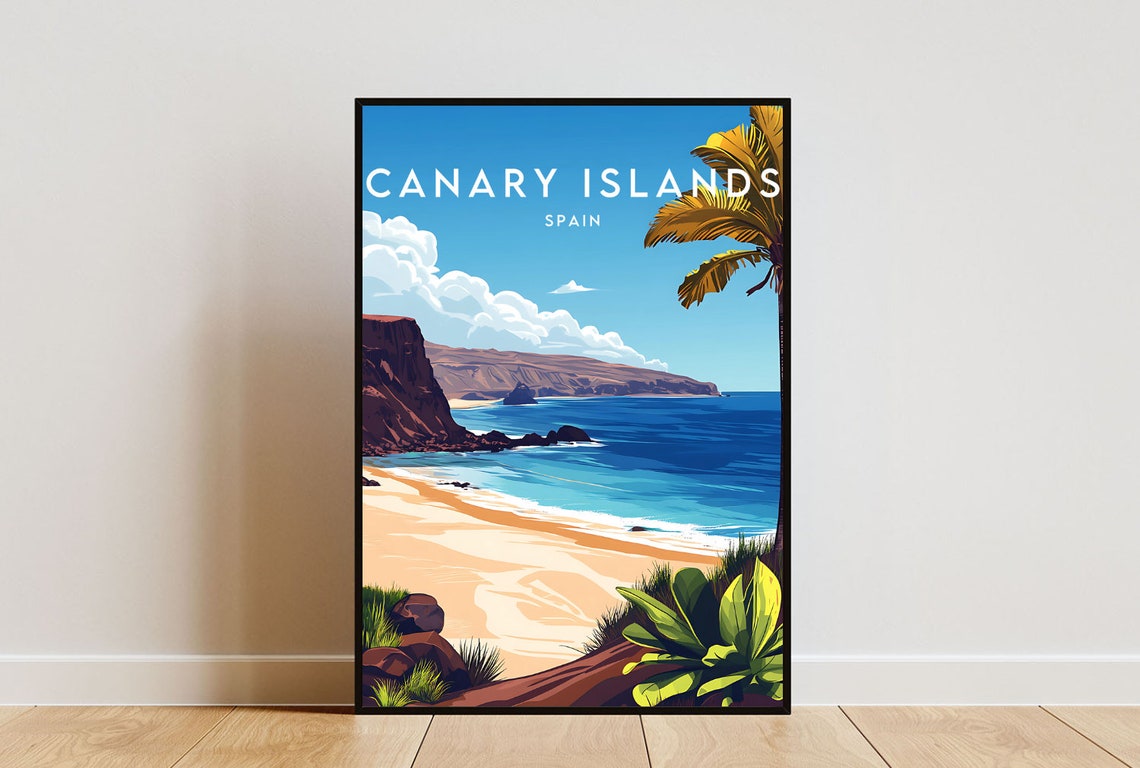 Canary Islands Spain Golden Beach Volcanic Cliffs Ocean Travel Poster
