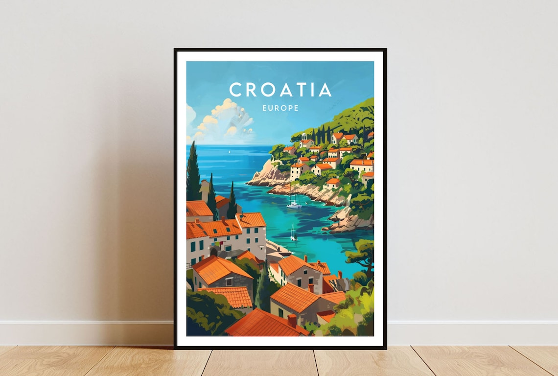 Croatia Europe Dalmatian Coast Red Roof Village Cove Travel Poster