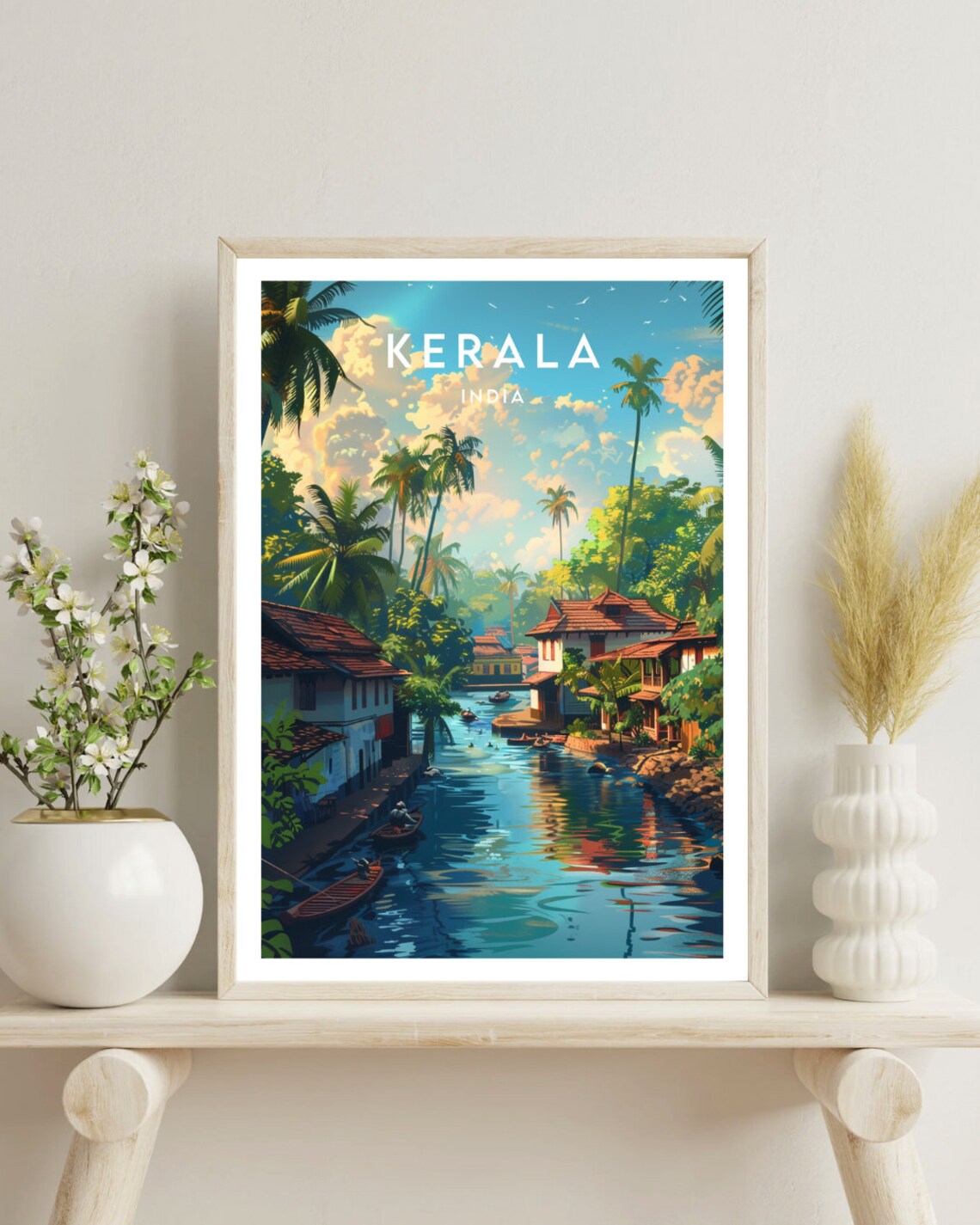 Kerala India Backwater Canal Boats and Palms Travel Art Poster - Image 4