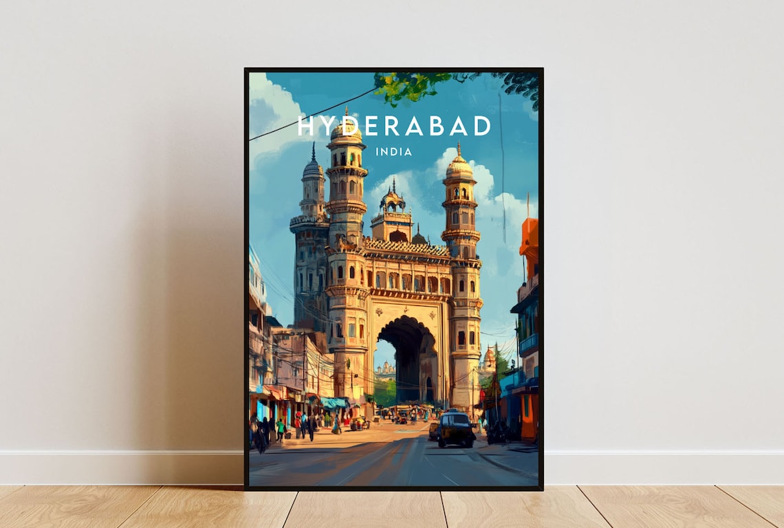 Hyderabad India Charminar Monument Street Scene Vintage Travel Poster