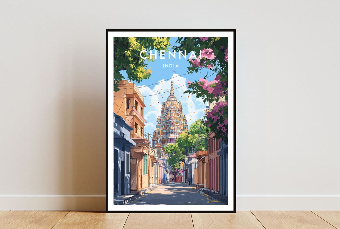Chennai India Hindu Temple Tower Colorful Street Travel Poster