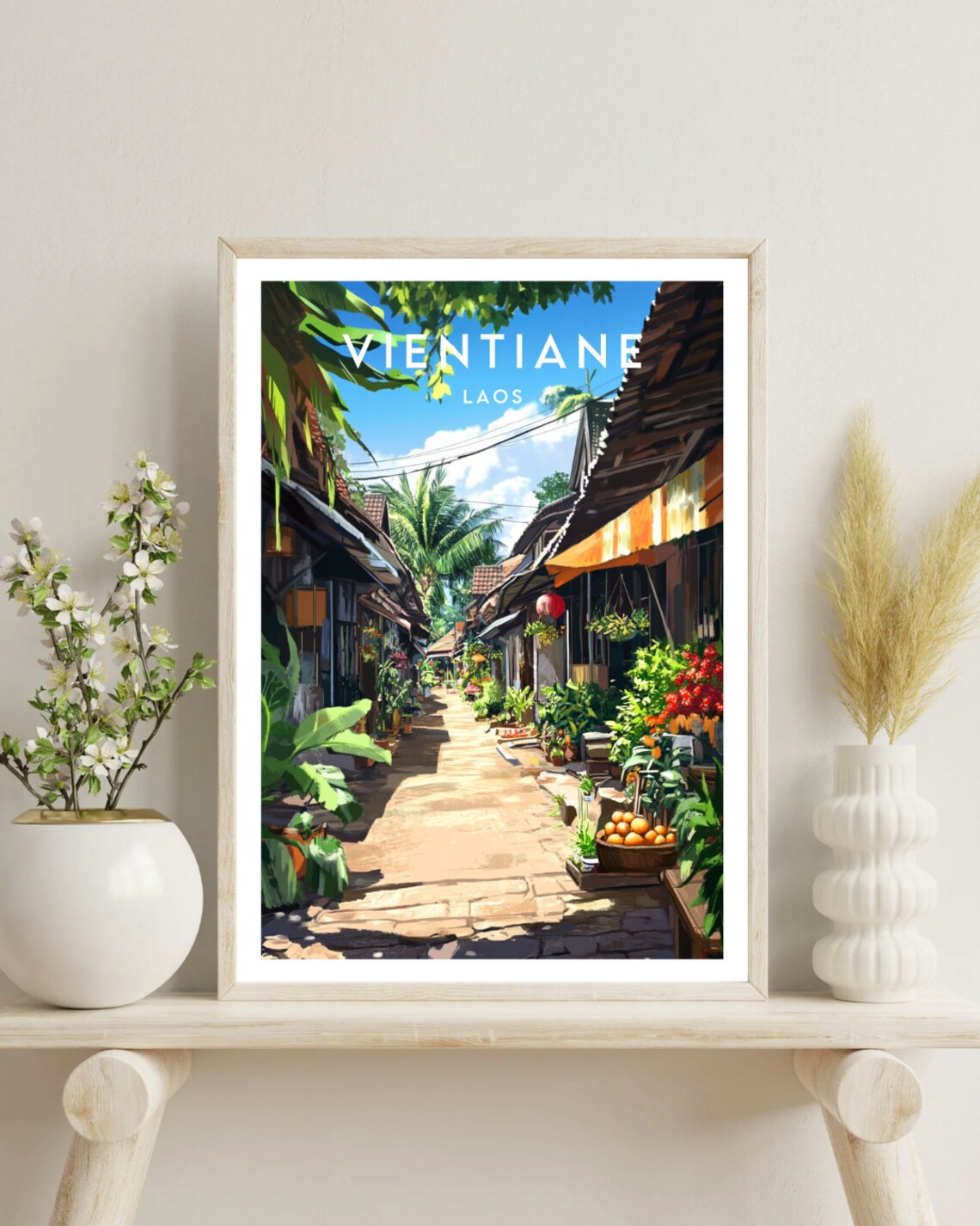 Vientiane Laos Old Town Street Market Plants Retro Travel Poster - Image 4
