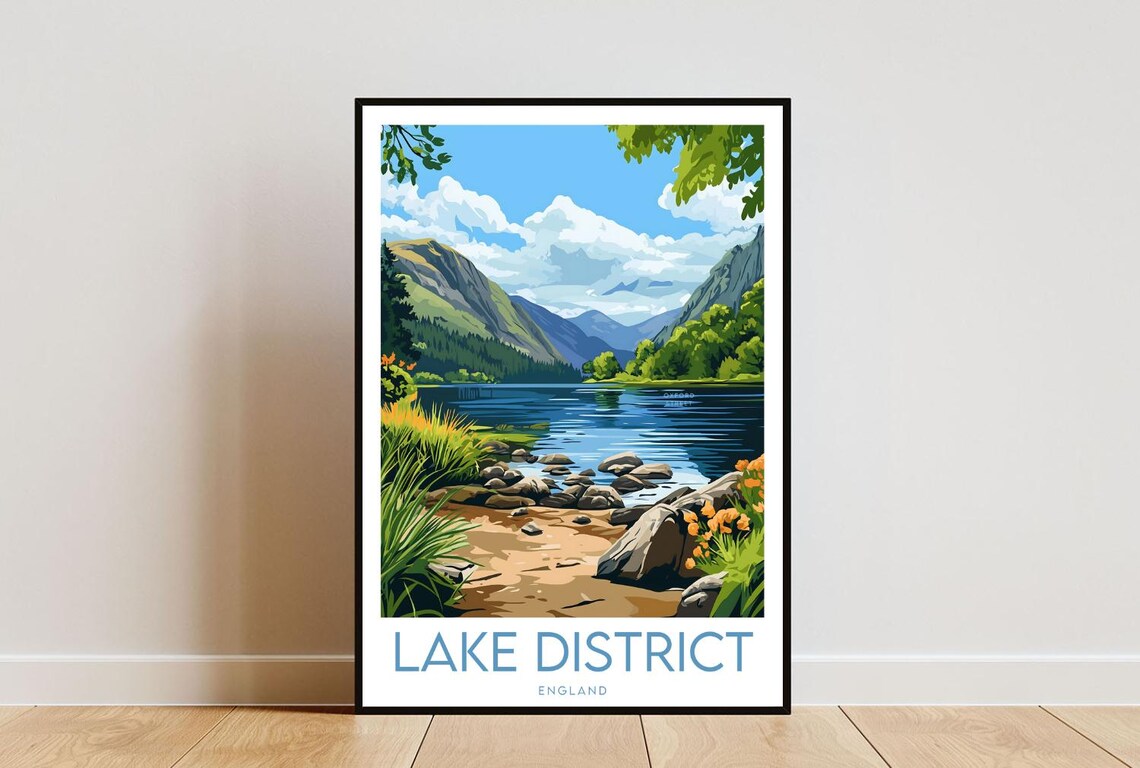 Lake District England Mountain Lake Rocky Shore Nature Travel Poster