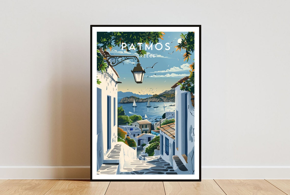 Patmos Greece Whitewashed Alley Harbor Sailboat Sunset Travel Poster