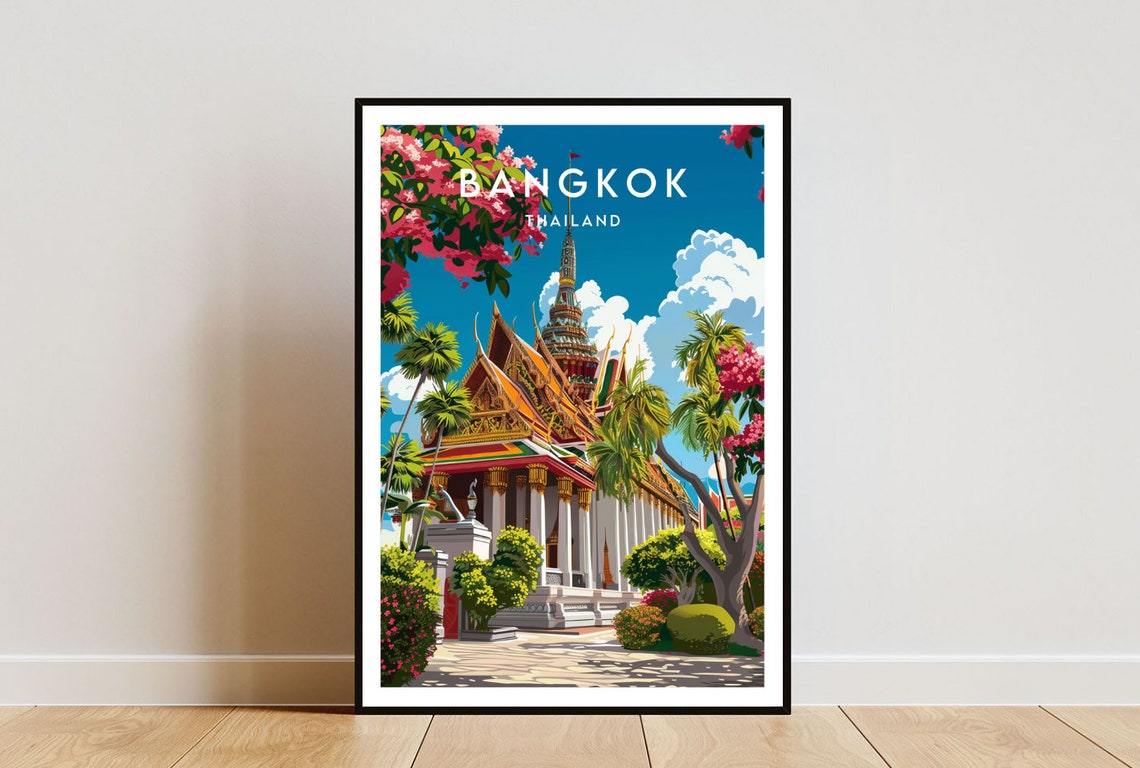 Bangkok Thailand Golden Temple Spire Palm Trees Travel Poster