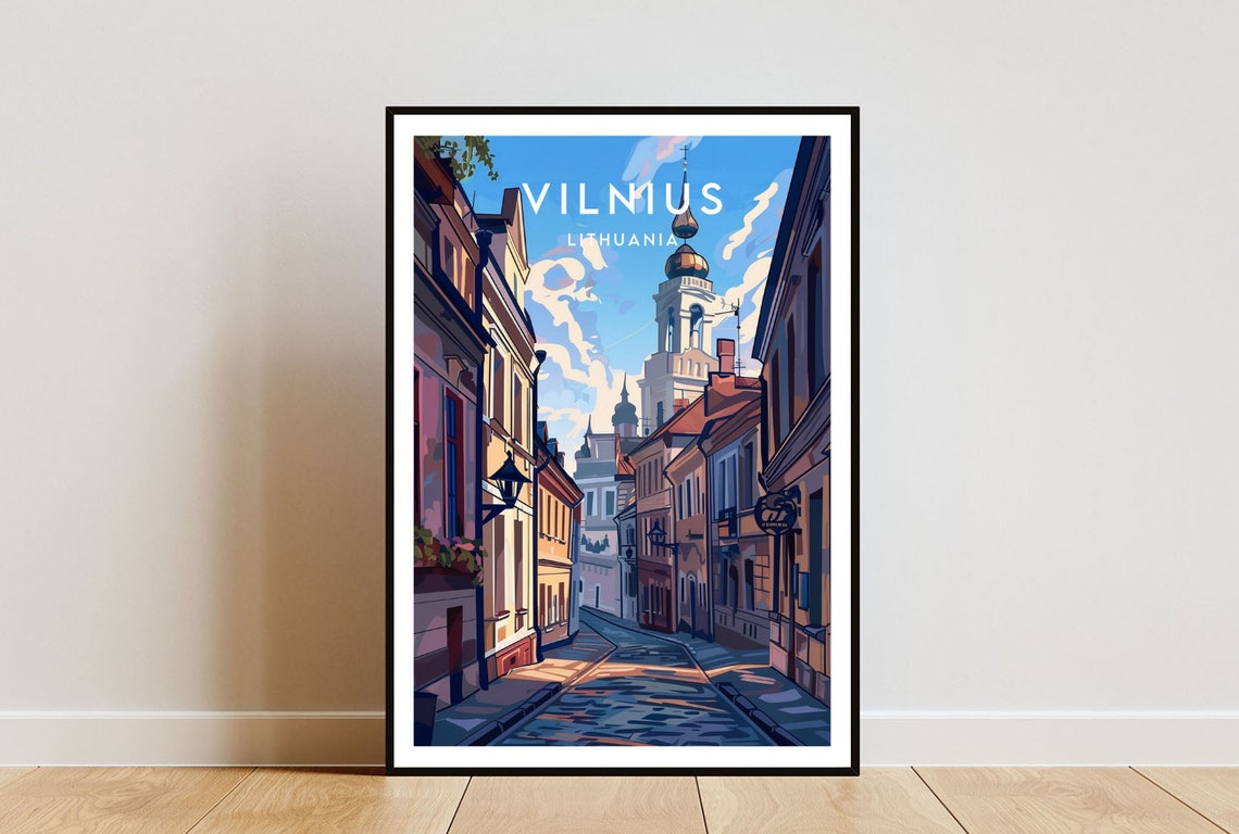 Vilnius Lithuania Old Town Street Bell Tower Cityscape Poster