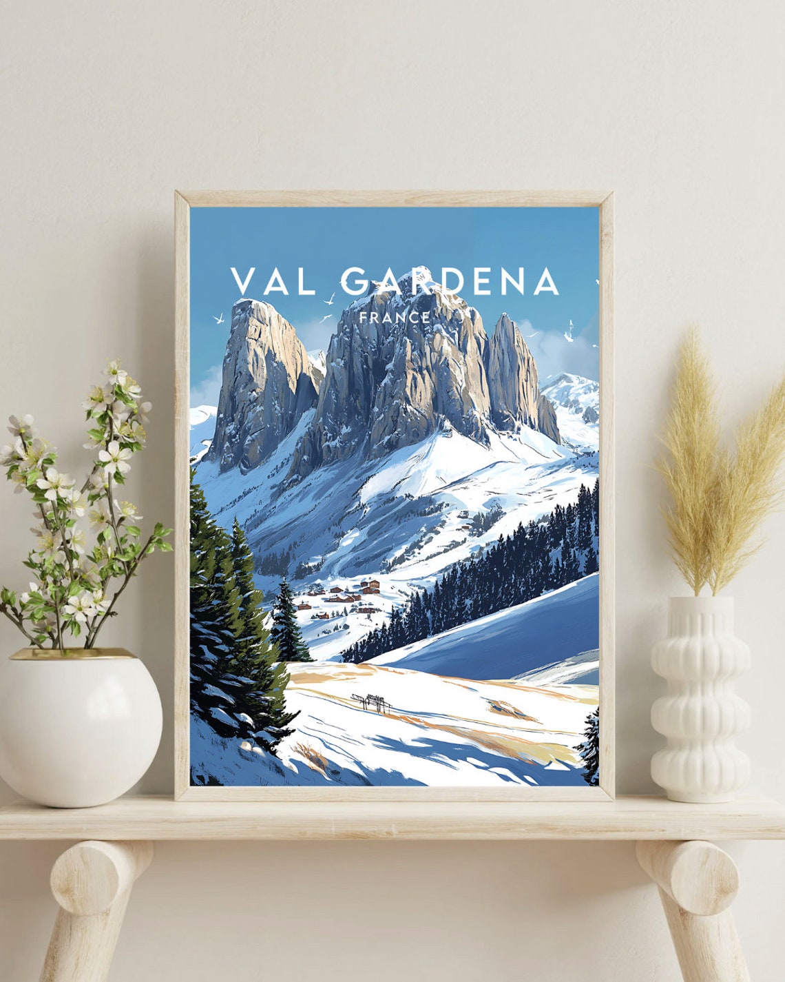 Val Gardena Dolomite Rock Spires Snowy Alpine Valley Travel Poster - Image 4