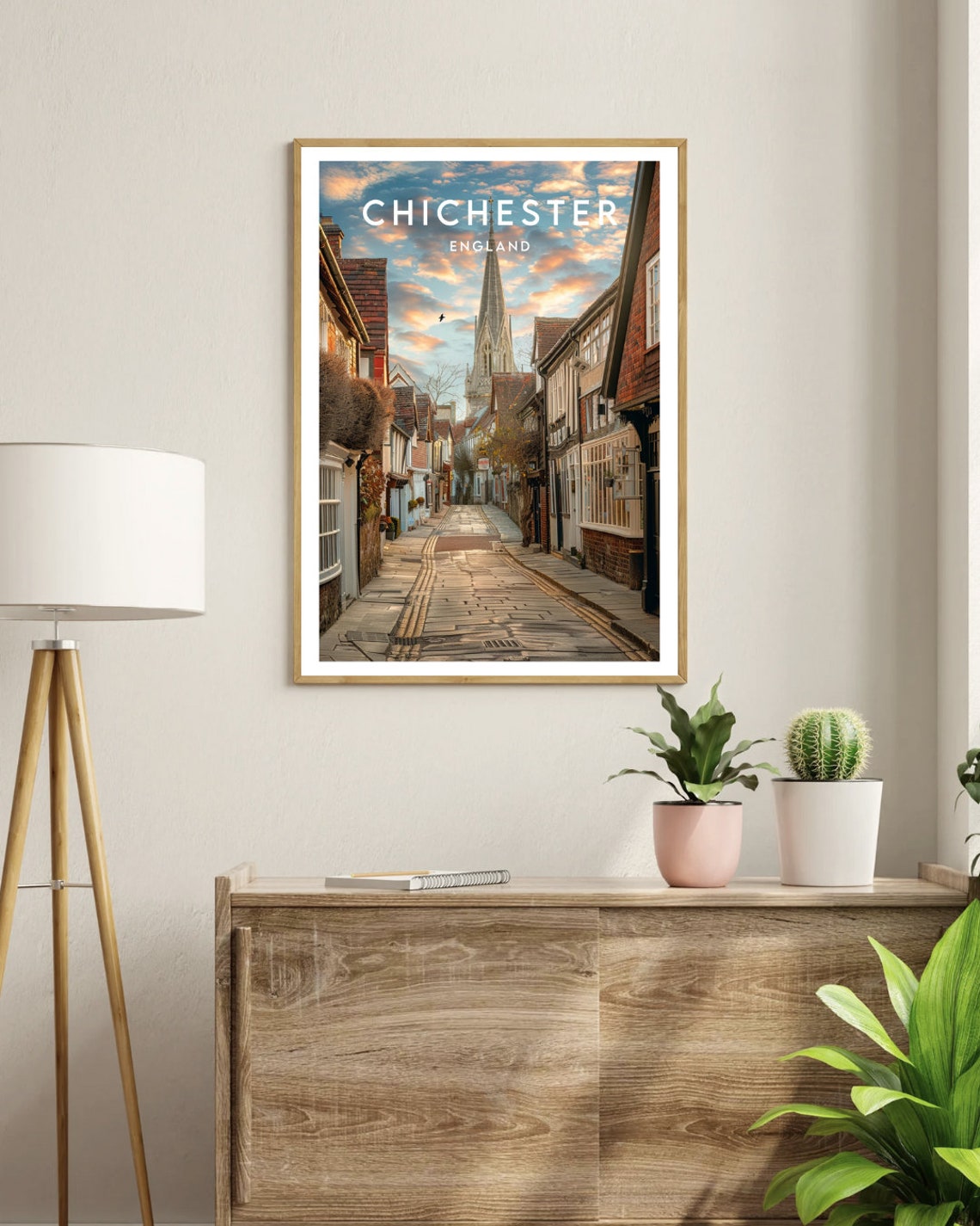 Chichester England Cobbled Street Sunset Cathedral Spire Poster - Image 3