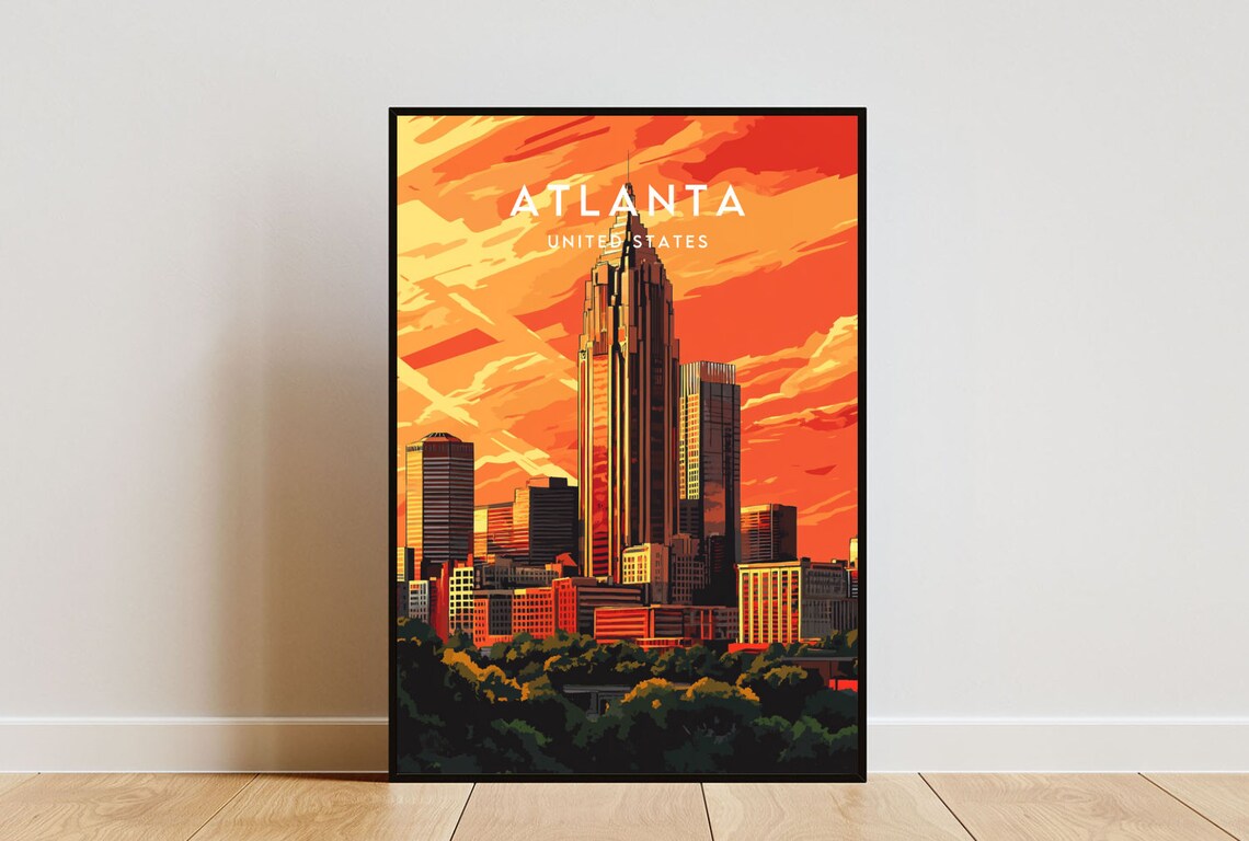 Atlanta United States Fiery Sunset City Skyline Travel Poster