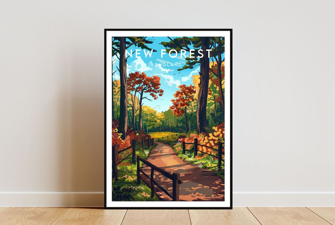 New Forest England Autumn Woodland Path Wooden Fence Nature Poster