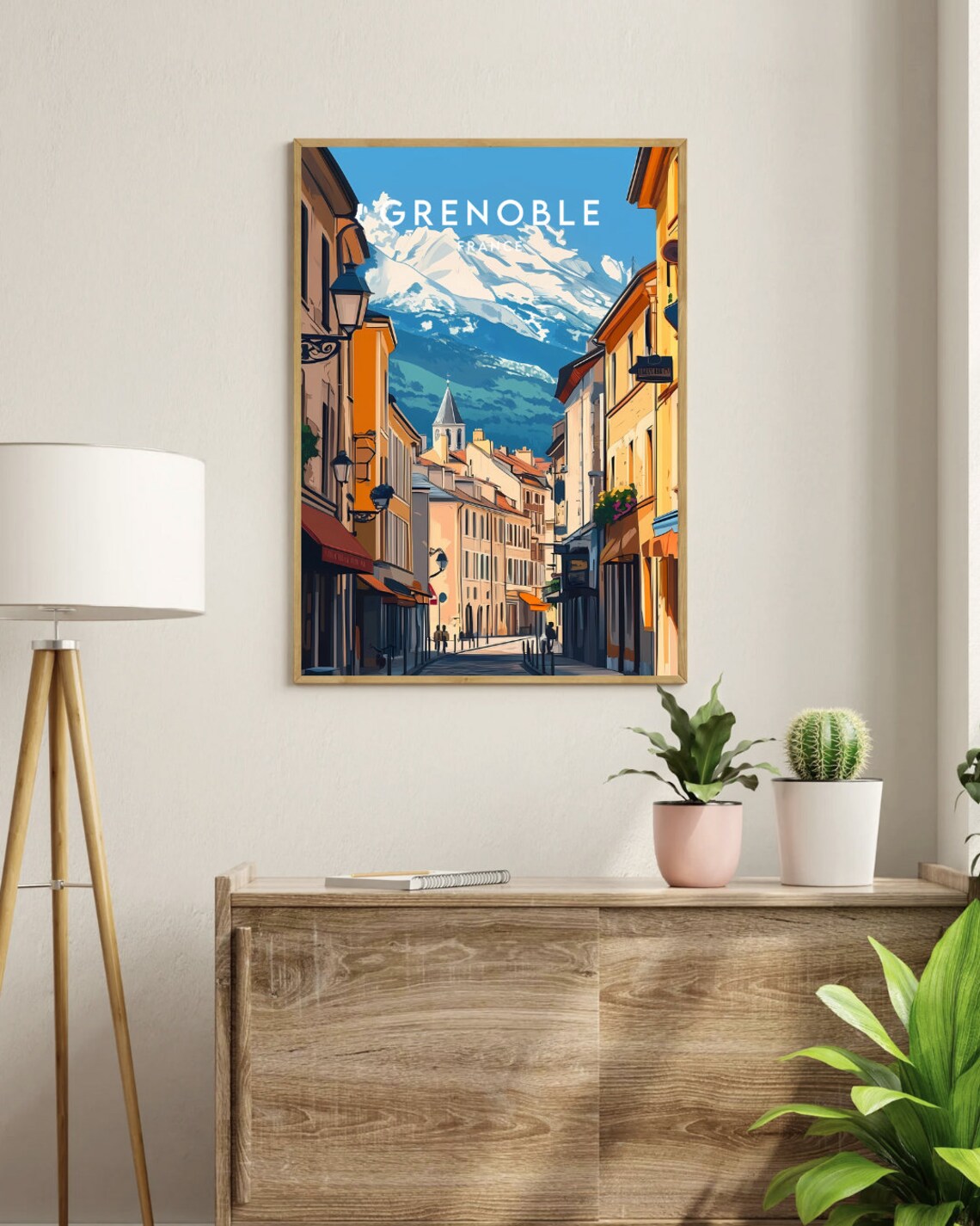 Grenoble France Old Town Street and Snowy Peaks Travel Poster - Image 3
