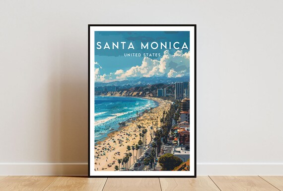 Santa Monica United States Aerial Beach Palms Coast Travel Poster